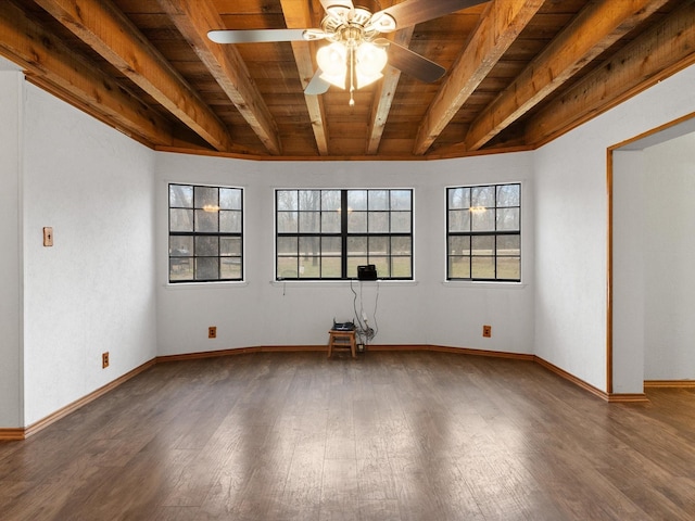 empty room featuring hardwood / wood-style flooring, ceiling fan, wooden ceiling, and beam ceiling