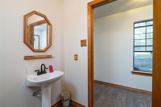 bathroom featuring a healthy amount of sunlight and hardwood / wood-style floors