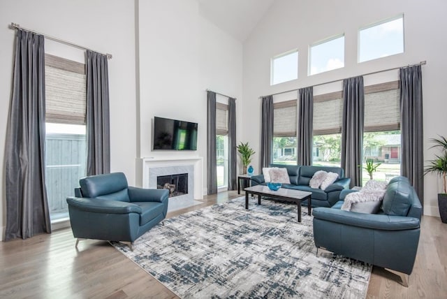 living room featuring a high end fireplace, high vaulted ceiling, light hardwood / wood-style flooring, and a wealth of natural light