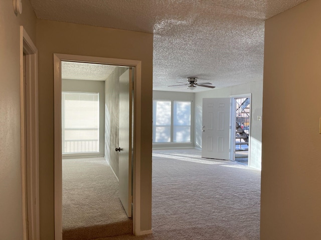 hall featuring carpet and a textured ceiling