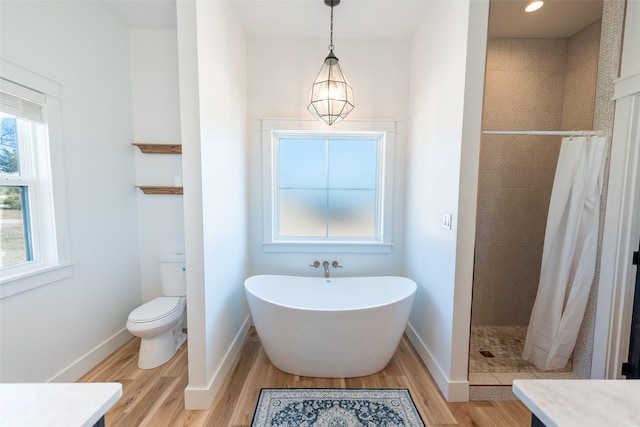 full bathroom featuring vanity, toilet, separate shower and tub, and wood-type flooring