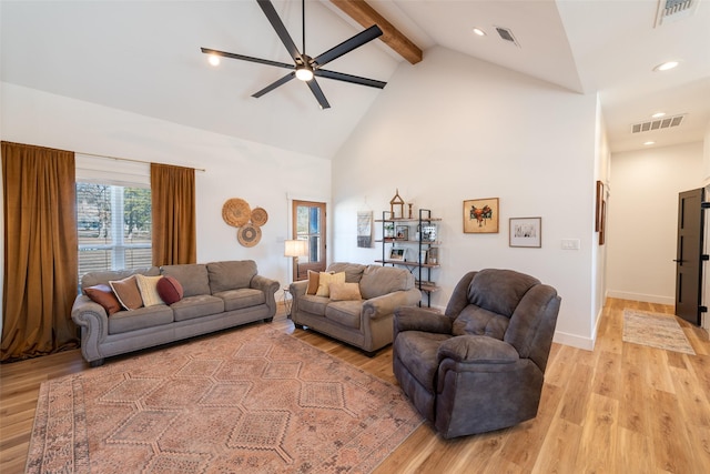 living room featuring beam ceiling, light hardwood / wood-style flooring, high vaulted ceiling, and ceiling fan