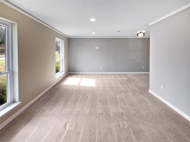 carpeted spare room with ornamental molding