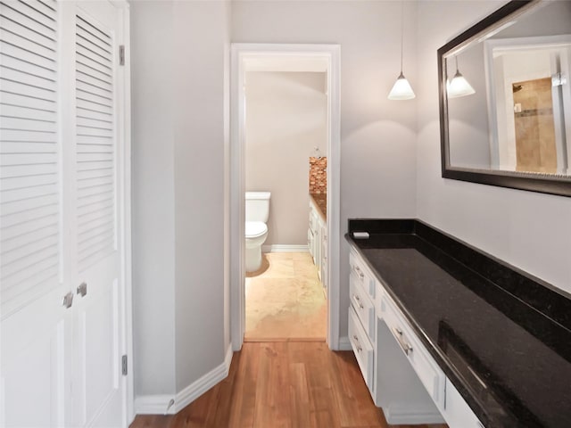 bathroom featuring wood-type flooring, toilet, and vanity