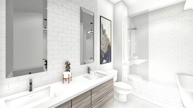 full bathroom with backsplash, vanity, tile patterned floors, shower with separate bathtub, and toilet