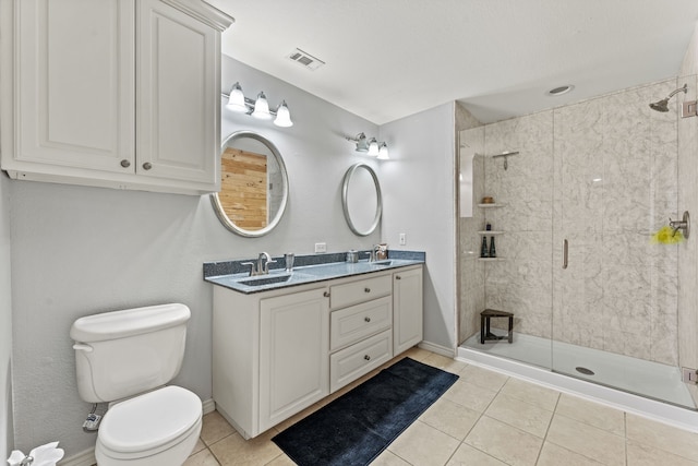 bathroom with tile patterned flooring, vanity, toilet, and a shower with shower door