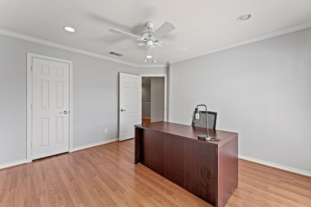 home office with ornamental molding, ceiling fan, and light hardwood / wood-style flooring