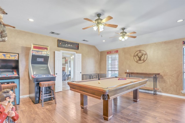 10121 Irish Ridge St, Forney, TX 75126 - game room featuring wood finished floors, ceiling fan, vaulted ceiling, billiards table, and baseboards
