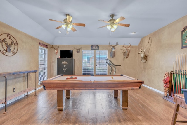 10121 Irish Ridge St, Forney, TX 75126 - game room with pool table, wood finished floors, ceiling fan, baseboards, and lofted ceiling