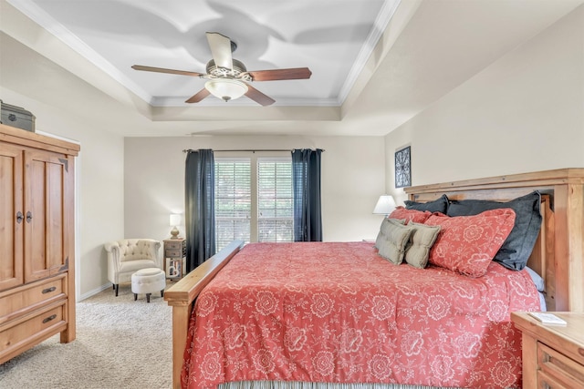10121 Irish Ridge St, Forney, TX 75126 - bedroom featuring light carpet, a raised ceiling, ornamental molding, and ceiling fan