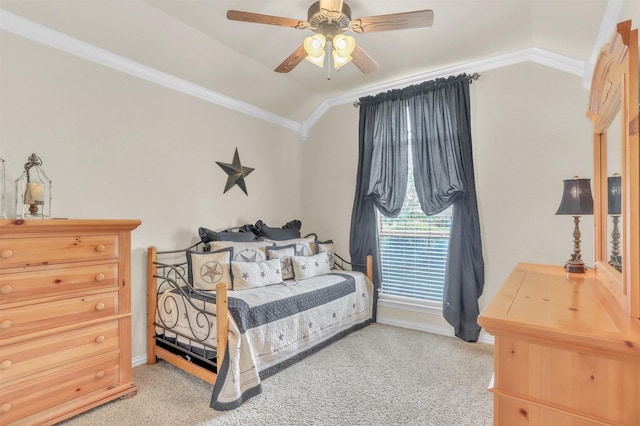 10121 Irish Ridge St, Forney, TX 75126 - bedroom with lofted ceiling, light colored carpet, ornamental molding, and ceiling fan