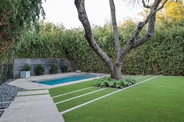 view of swimming pool featuring a yard