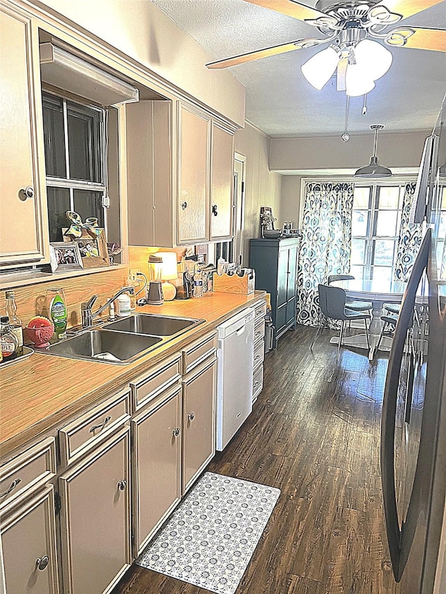 kitchen with dark hardwood / wood-style floors, dishwasher, sink, butcher block counters, and a textured ceiling