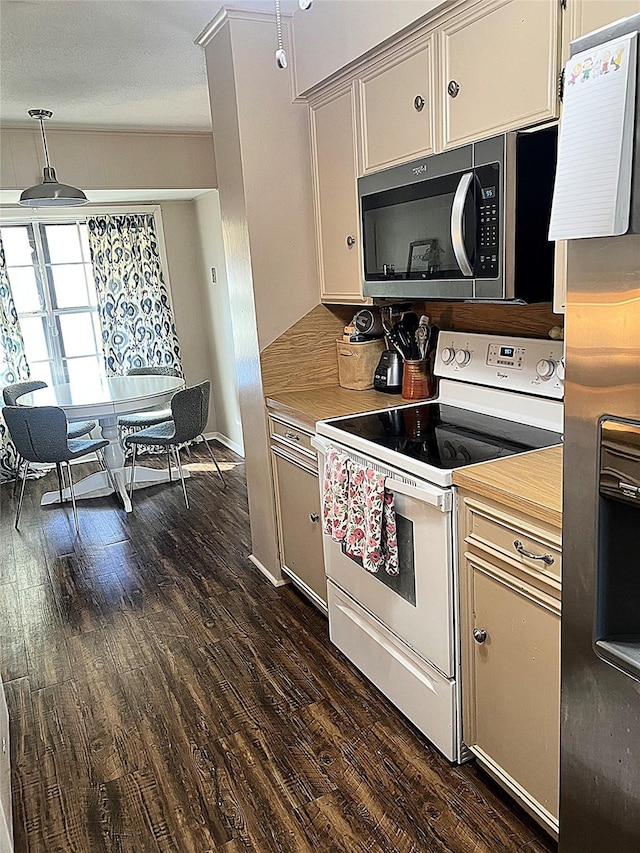 kitchen with dark hardwood / wood-style flooring, decorative light fixtures, and appliances with stainless steel finishes