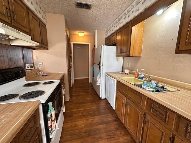 kitchen featuring dark hardwood / wood-style floors, sink, a textured ceiling, and white appliances