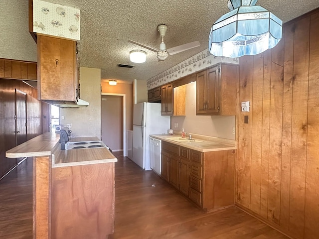 kitchen with dark wood-style flooring, light countertops, dishwasher, ceiling fan, and a sink