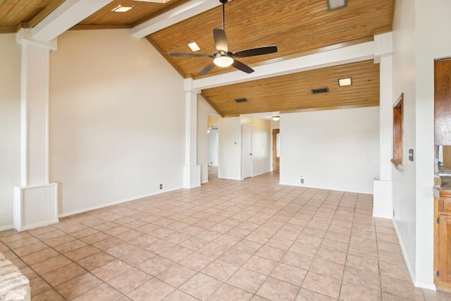 interior space with light tile patterned floors, ceiling fan, beam ceiling, high vaulted ceiling, and wooden ceiling