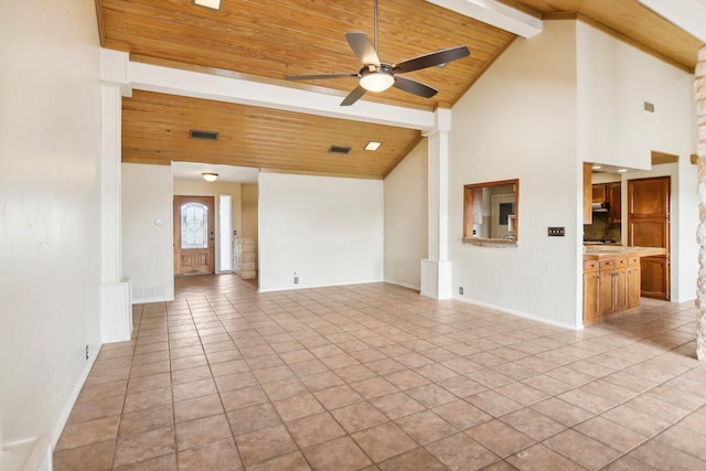 unfurnished living room featuring wood ceiling, beam ceiling, high vaulted ceiling, and light tile patterned floors