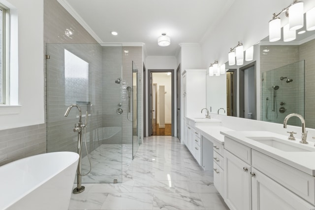 full bath featuring a sink, a soaking tub, a shower stall, double vanity, and crown molding