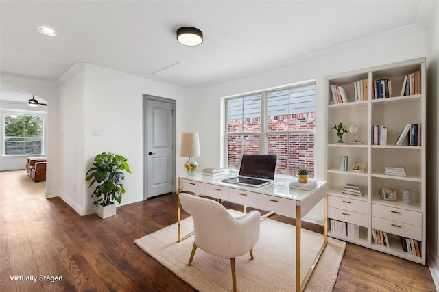 home office with a ceiling fan, baseboards, dark wood finished floors, and crown molding