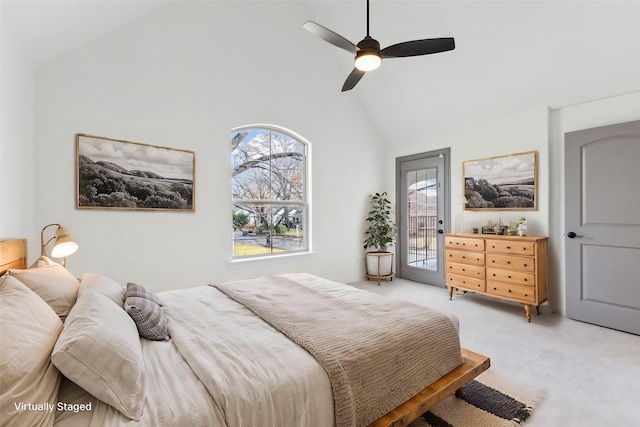 bedroom with light carpet, access to outside, ceiling fan, and high vaulted ceiling