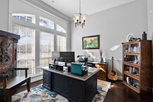 office with an inviting chandelier, crown molding, and dark hardwood / wood-style floors