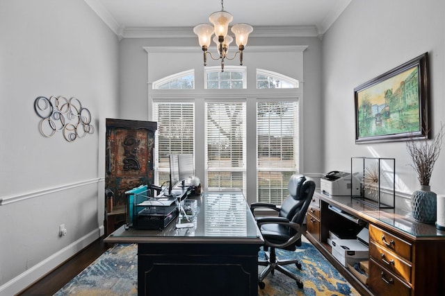 office space featuring ornamental molding, dark hardwood / wood-style floors, and a chandelier