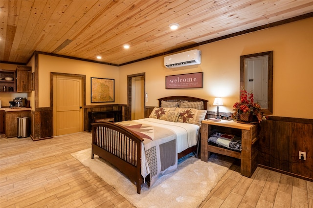 bedroom with crown molding, a wall mounted air conditioner, wooden ceiling, and light hardwood / wood-style floors