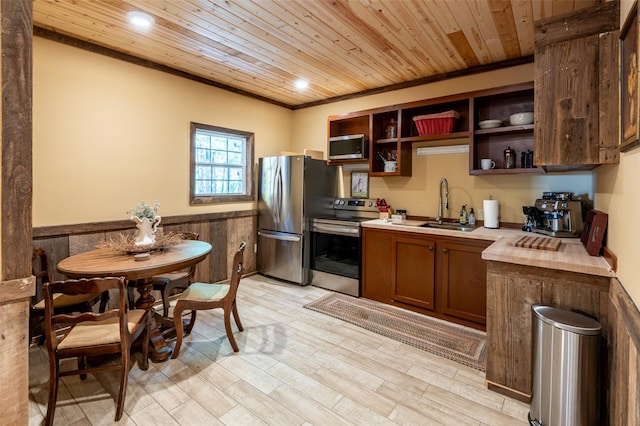 kitchen featuring appliances with stainless steel finishes, sink, wooden ceiling, and light wood-type flooring