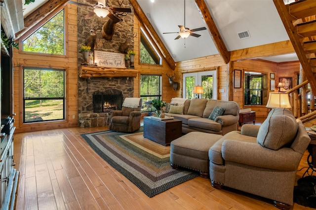 living room featuring hardwood / wood-style flooring, ceiling fan, high vaulted ceiling, a stone fireplace, and wood walls