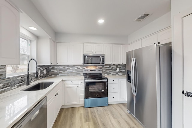 kitchen with sink, light hardwood / wood-style flooring, backsplash, stainless steel appliances, and white cabinets