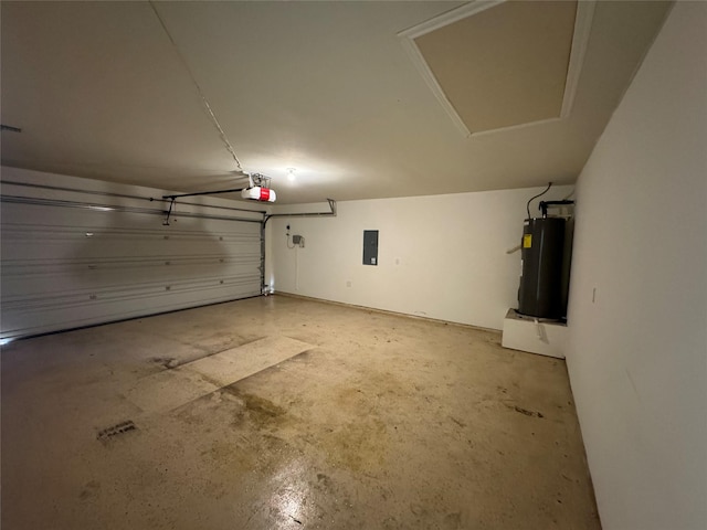 garage featuring a garage door opener, electric panel, and electric water heater