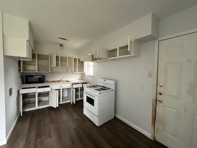 kitchen featuring dark wood-type flooring, white cabinetry, sink, and white gas stove