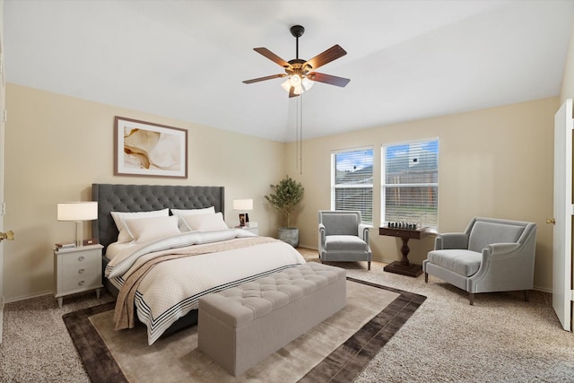 bedroom featuring carpet floors, ceiling fan, and vaulted ceiling