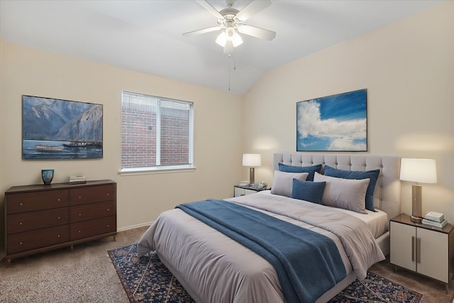 carpeted bedroom featuring ceiling fan and lofted ceiling