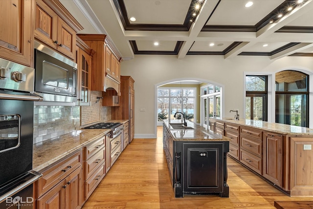 kitchen with stainless steel appliances, light stone countertops, a kitchen island with sink, and a wealth of natural light