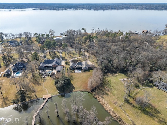 birds eye view of property featuring a water view