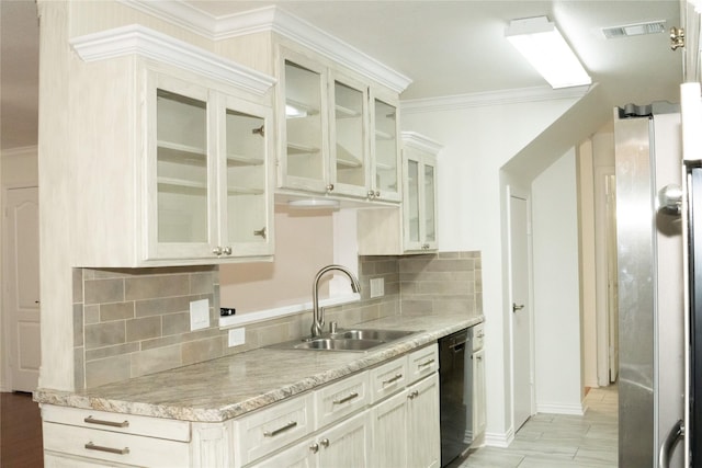 kitchen featuring black dishwasher, sink, stainless steel fridge, decorative backsplash, and ornamental molding