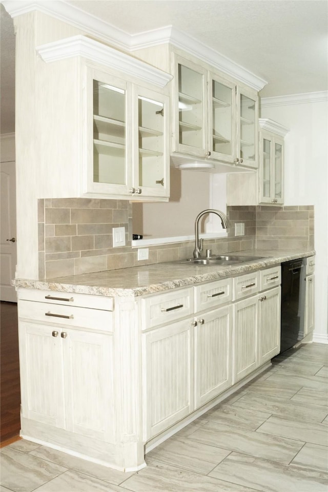 bar with dishwasher, sink, backsplash, ornamental molding, and light stone countertops