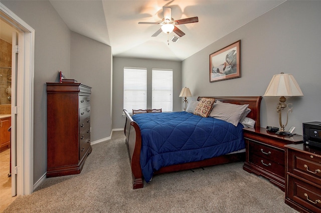 bedroom featuring light carpet and ceiling fan