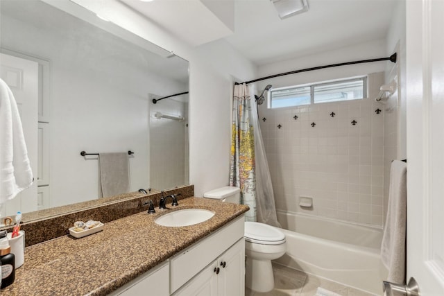 full bathroom with toilet, vanity, and shower / bathtub combination with curtain