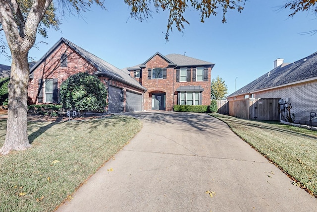 view of property with a garage and a front lawn