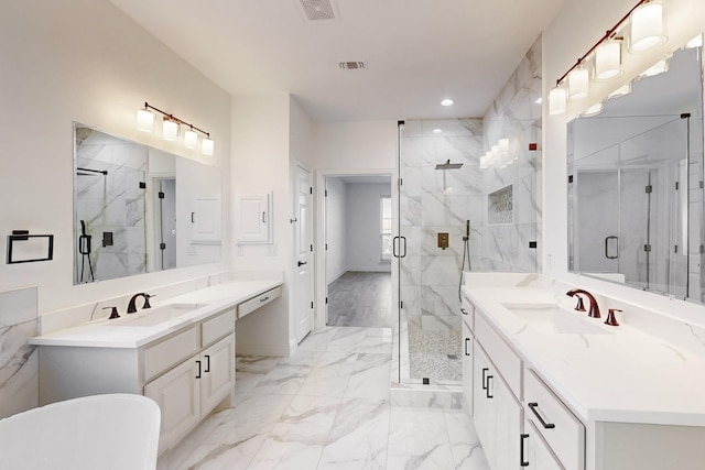 bathroom featuring vanity and plus walk in shower