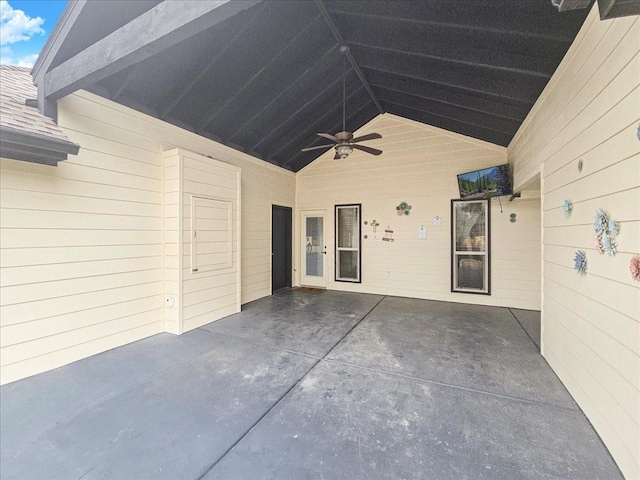 view of patio featuring ceiling fan