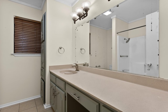 bathroom with crown molding, vanity, tile patterned flooring, and a shower