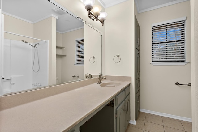 bathroom featuring vanity, tile patterned floors, ornamental molding, and a shower