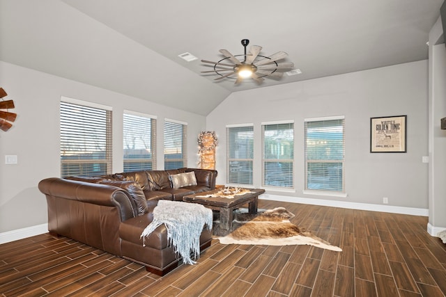 living room with vaulted ceiling and ceiling fan