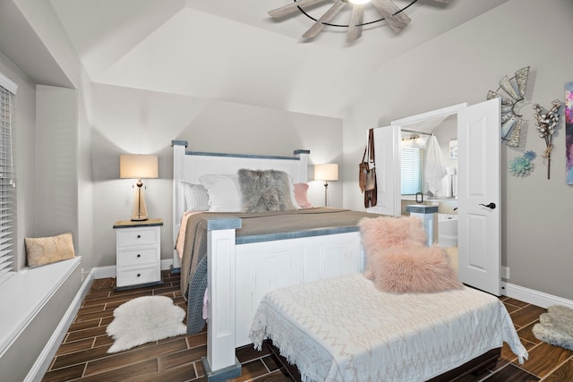 bedroom with vaulted ceiling and ceiling fan