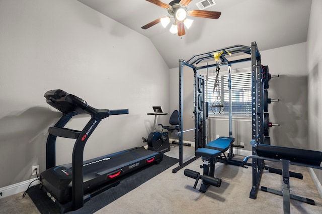 exercise room featuring ceiling fan, lofted ceiling, and carpet flooring