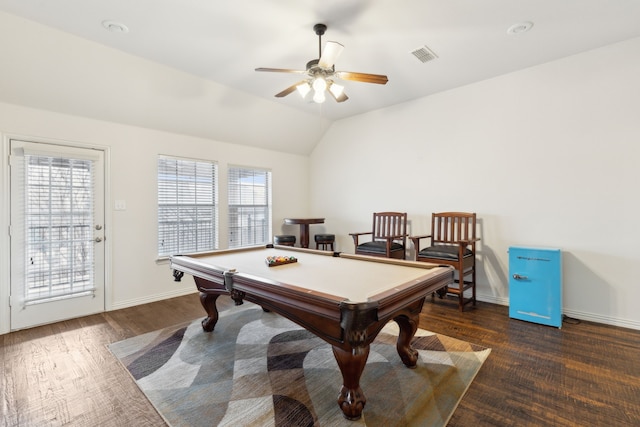 recreation room with lofted ceiling, pool table, dark wood-type flooring, and ceiling fan